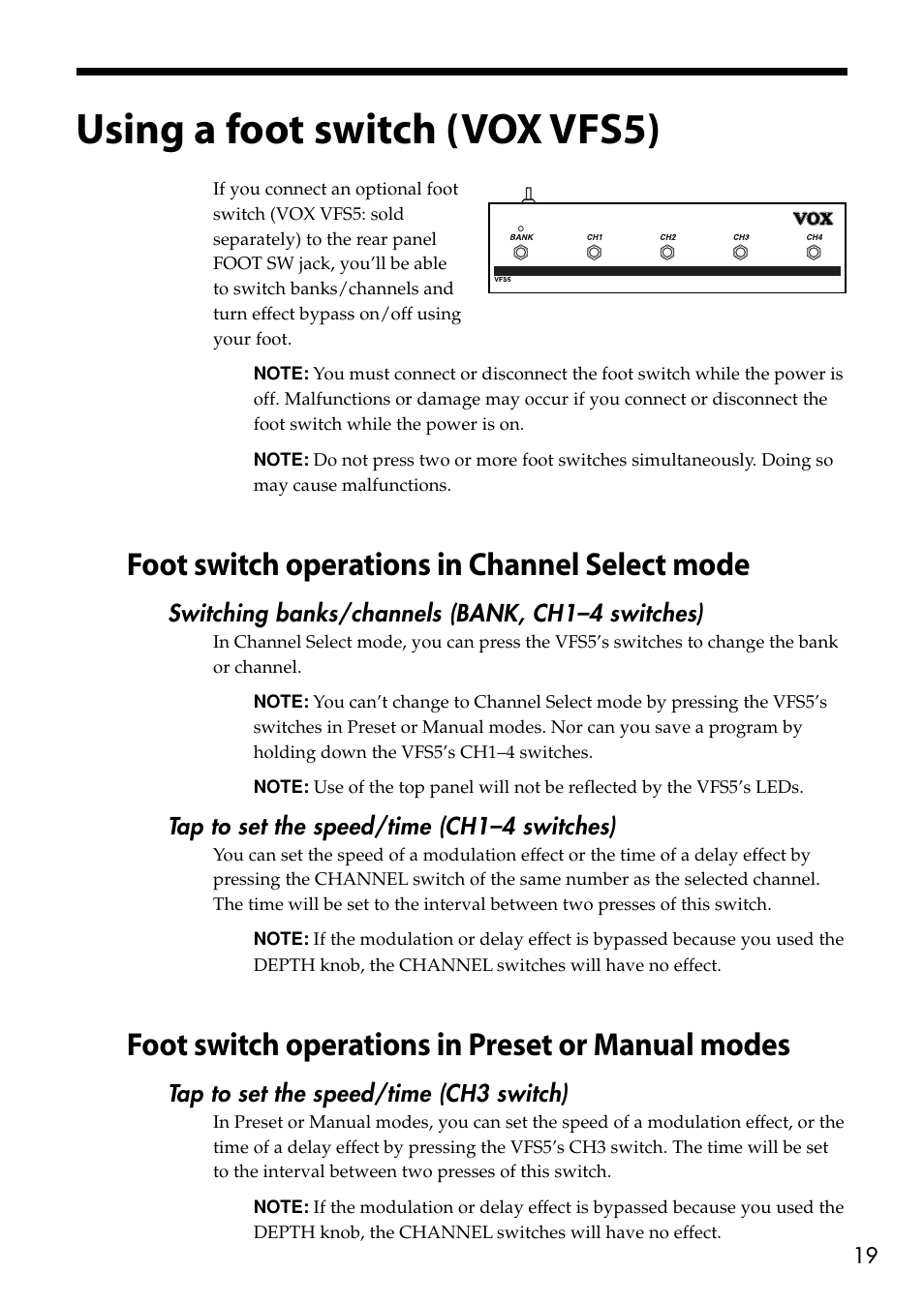 Using a foot switch (vox vfs5), Foot switch operations in channel select mode, Foot switch operations in preset or manual modes | Vox VT80+ User Manual | Page 19 / 40