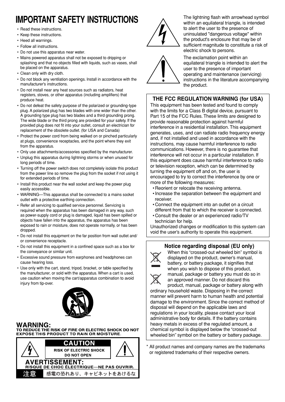 Important safety instructions, The fcc regulation warning (for usa), Notice regarding disposal (eu only) | Vox VT80+ User Manual | Page 2 / 40