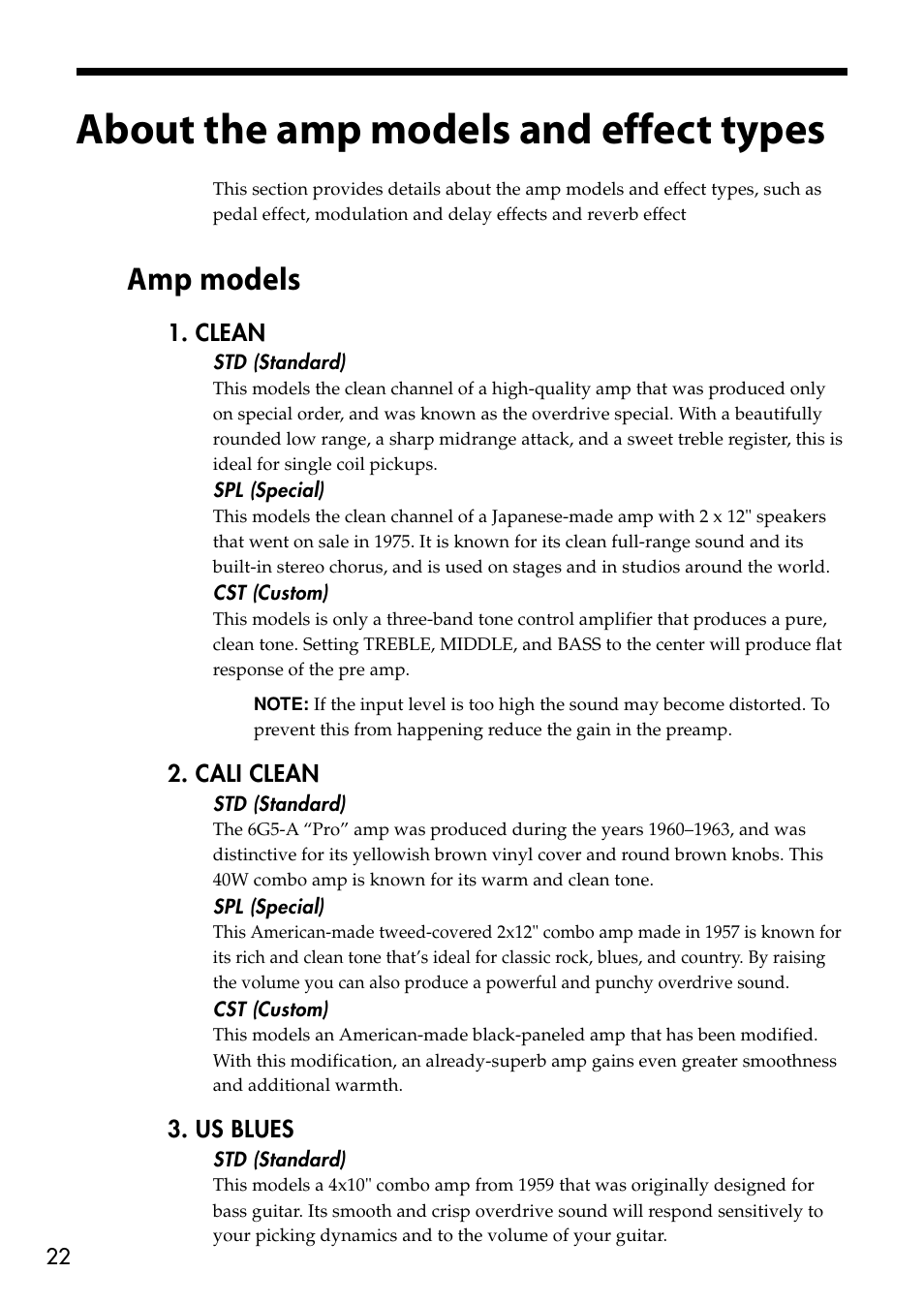 About the amp models and effect types, Amp models | Vox VT80+ User Manual | Page 22 / 40