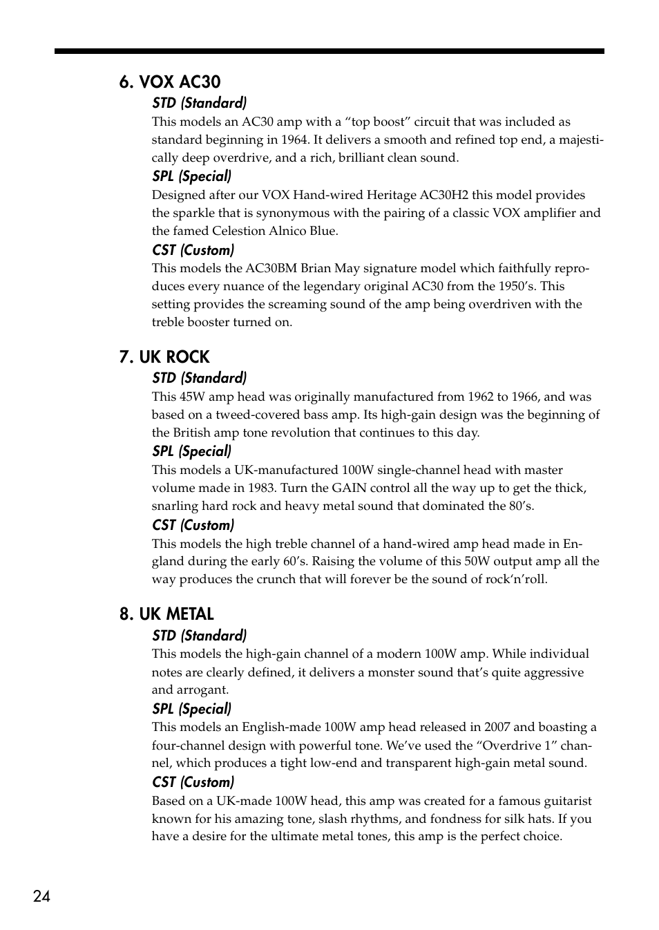 Vox ac30, Uk rock, Uk metal | Vox VT80+ User Manual | Page 24 / 40