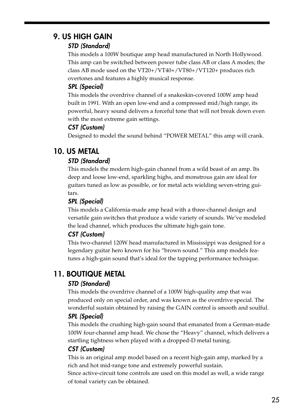 Us high gain, Us metal, Boutique metal | Vox VT80+ User Manual | Page 25 / 40
