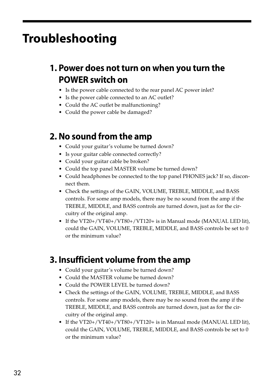 Troubleshooting, No sound from the amp, Insufficient volume from the amp | Vox VT80+ User Manual | Page 32 / 40