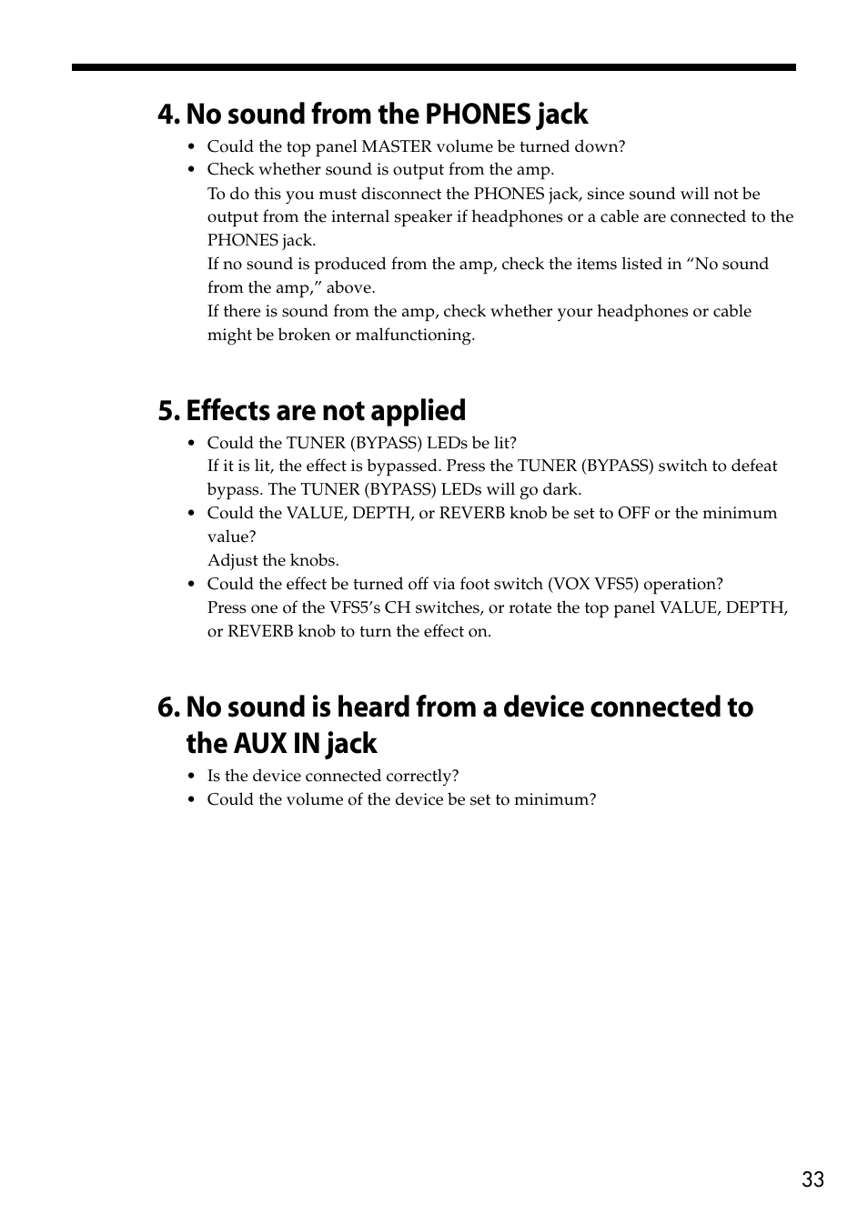 No sound from the phones jack, Effects are not applied | Vox VT80+ User Manual | Page 33 / 40