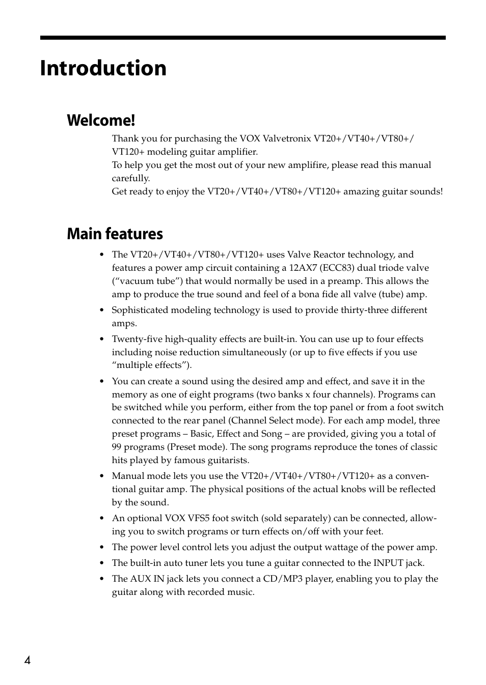 Introduction, Welcome, Main features | Welcome! main features | Vox VT80+ User Manual | Page 4 / 40