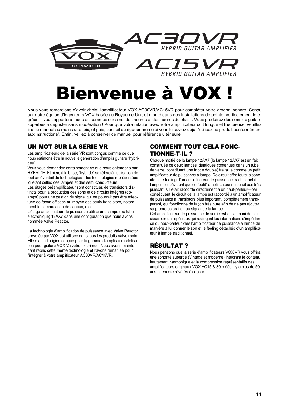Bienvenue à vox | Vox AC15VR User Manual | Page 10 / 35