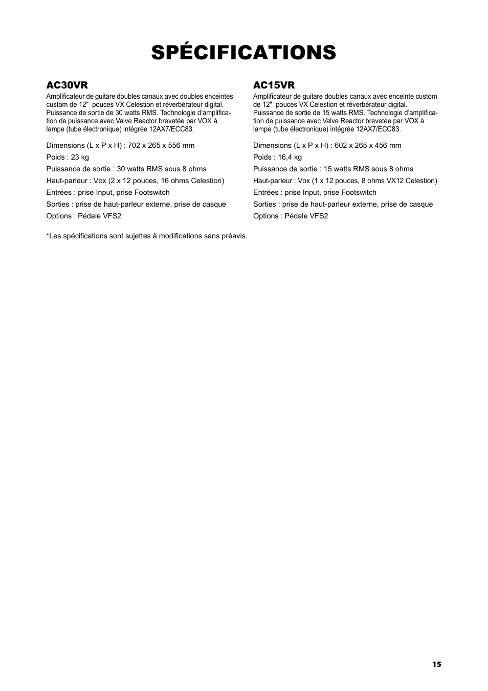 Spécifications | Vox AC15VR User Manual | Page 14 / 35