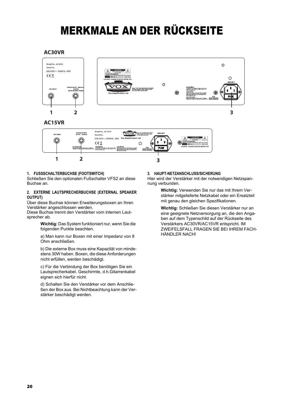 Merkmale an der rückseite | Vox AC15VR User Manual | Page 19 / 35