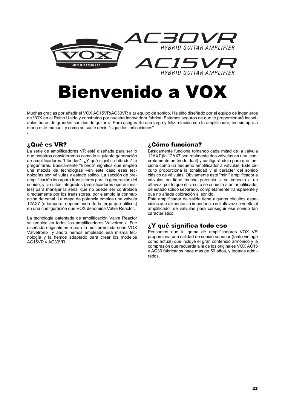 Bienvenido a vox | Vox AC15VR User Manual | Page 22 / 35