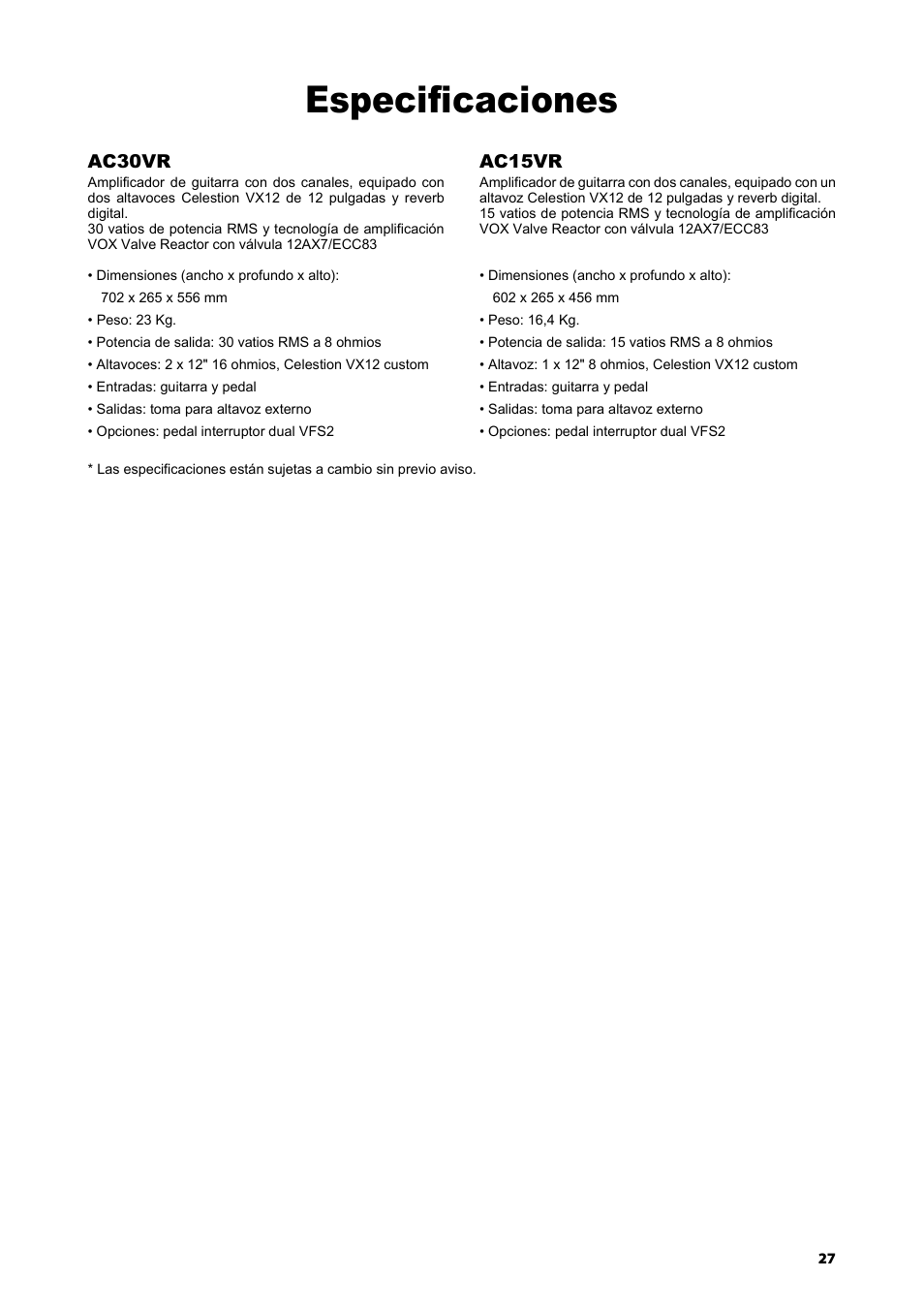 Especificaciones | Vox AC15VR User Manual | Page 26 / 35