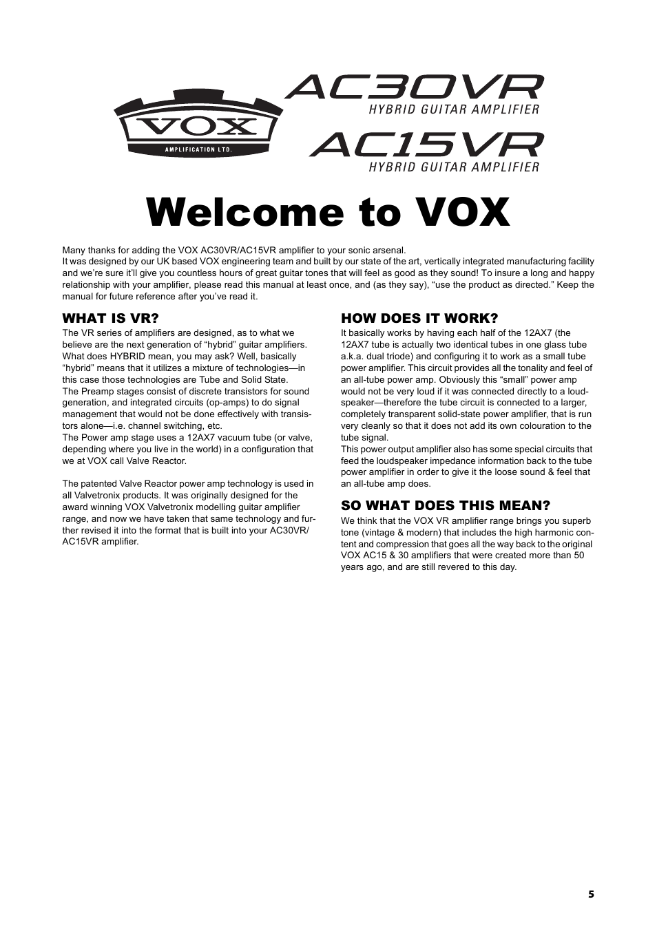Welcome to vox | Vox AC15VR User Manual | Page 4 / 35