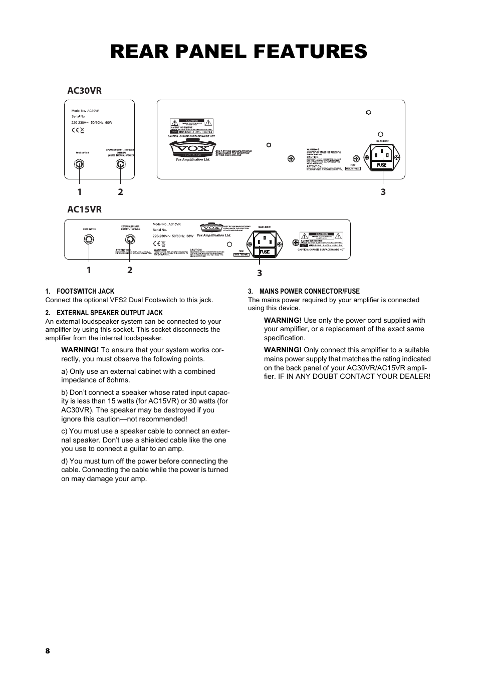 Rear panel features | Vox AC15VR User Manual | Page 7 / 35