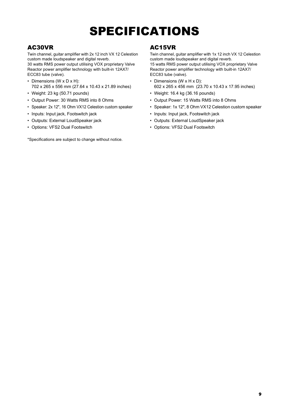 Specifications | Vox AC15VR User Manual | Page 8 / 35