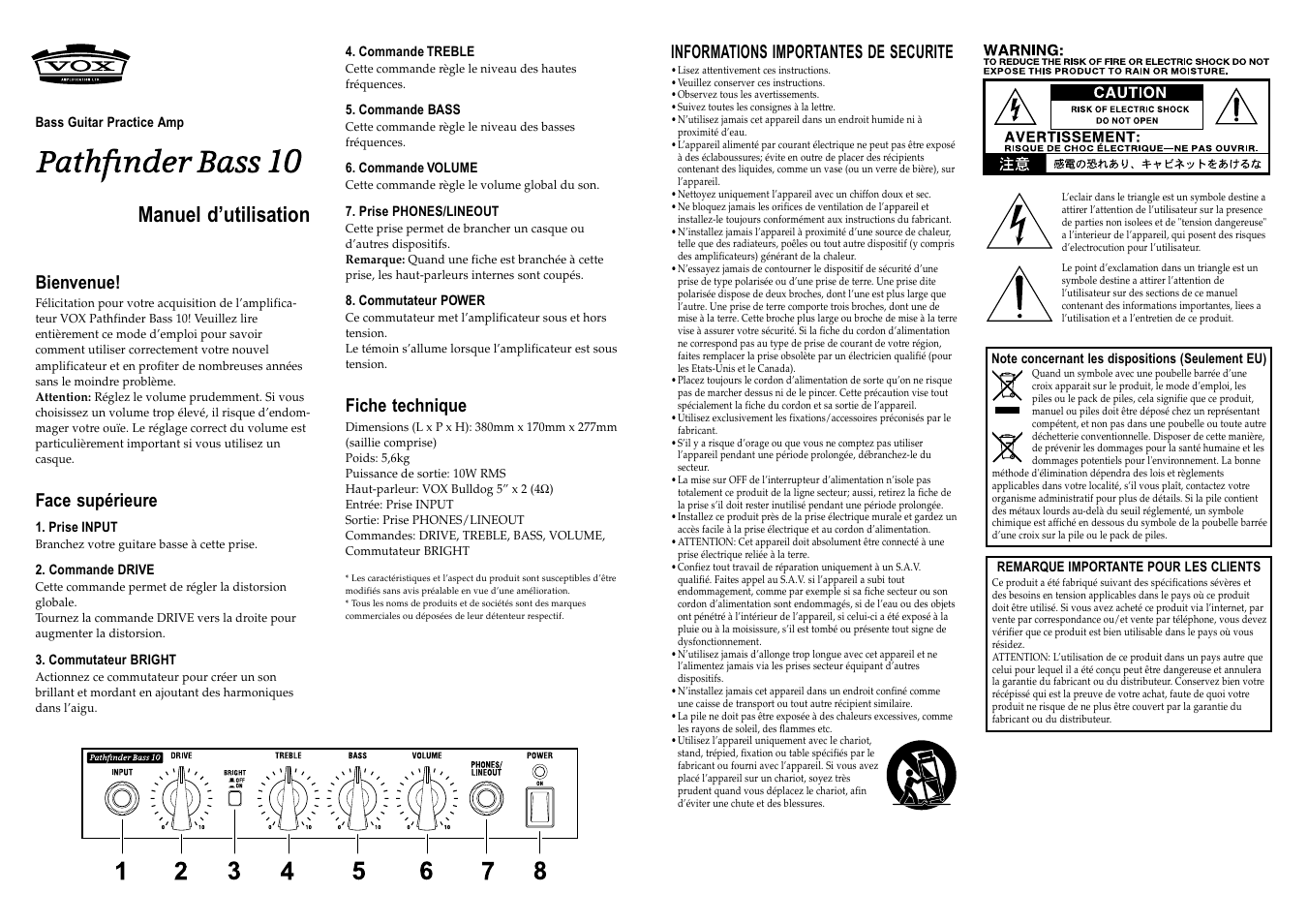 Français, Manuel d’utilisation, Bienvenue | Face supérieure, Fiche technique, Informations importantes de securite | Vox PATHFINDER BASS 10 User Manual | Page 2 / 4