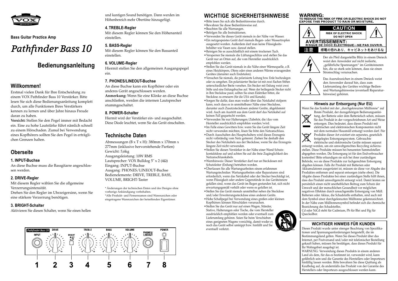 Deutsch, Bedienungsanleitung, Willkommen | Oberseite, Technische daten, Wichtige sicherheitshinweise | Vox PATHFINDER BASS 10 User Manual | Page 3 / 4