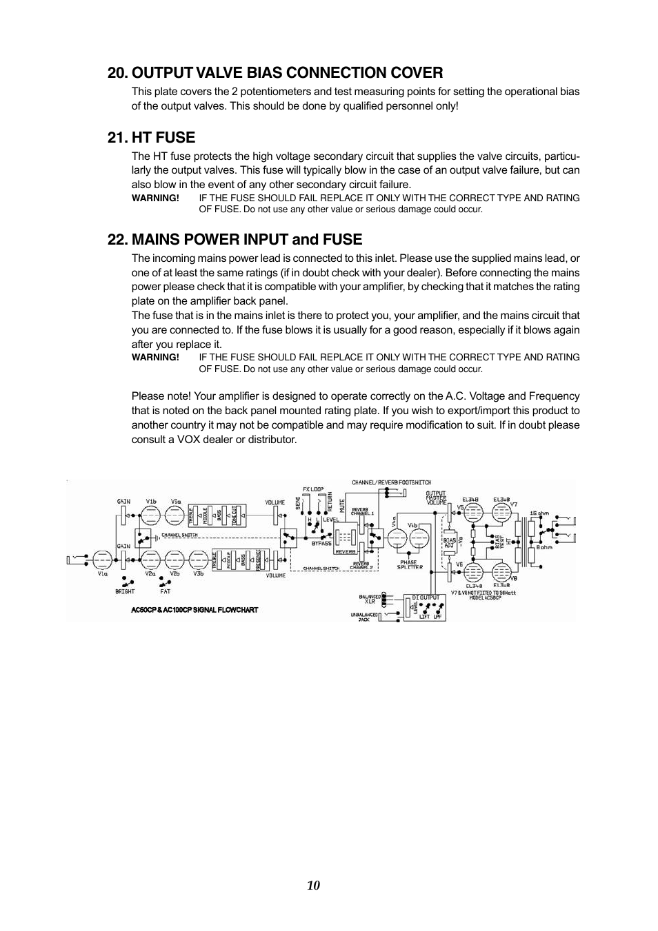 Output valve bias connection cover, Ht fuse, Mains power input and fuse | Vox AC50CP2 User Manual | Page 10 / 39