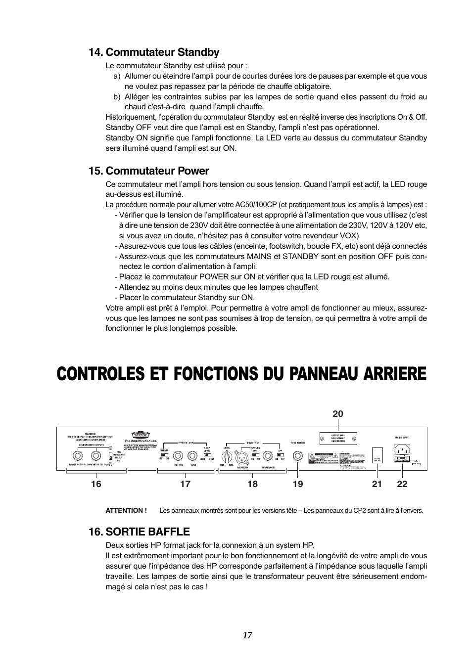 Controles et fonctions du panneau arriere, Commutateur standby, Commutateur power | Sortie baffle | Vox AC50CP2 User Manual | Page 17 / 39