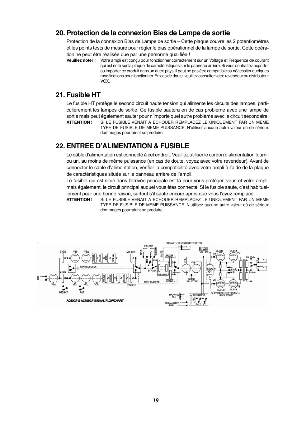 Protection de la connexion bias de lampe de sortie, Fusible ht, Entree d’alimentation & fusible | Vox AC50CP2 User Manual | Page 19 / 39