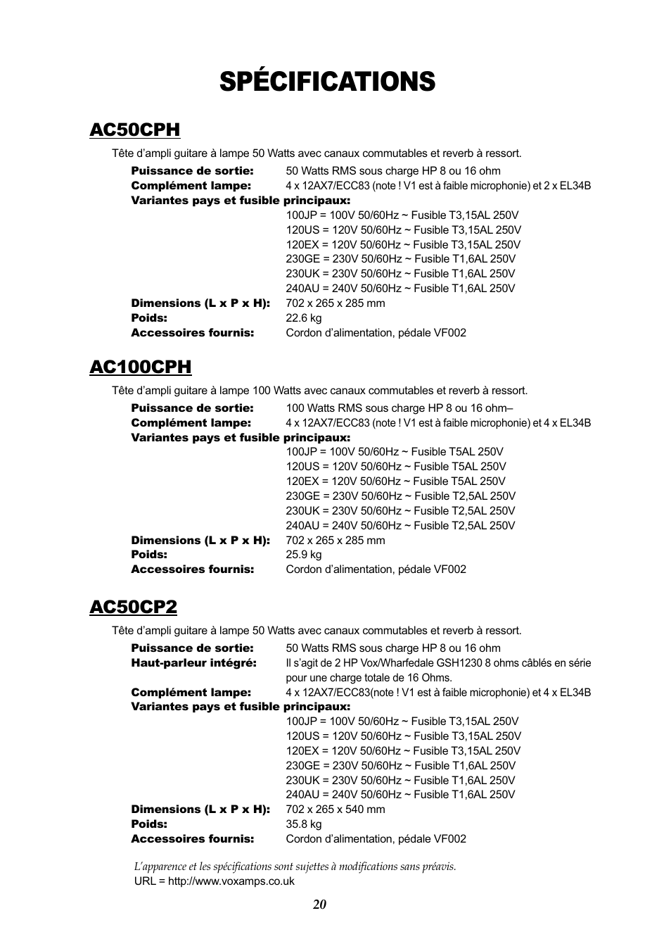 Spécifications, Ac50cph, Ac100cph | Ac50cp2 | Vox AC50CP2 User Manual | Page 20 / 39