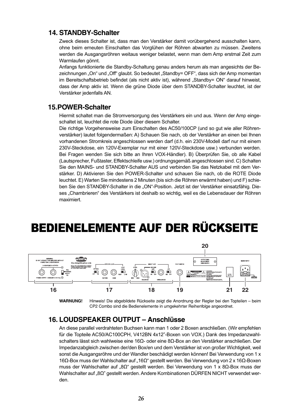 Bedienelemente auf der rückseite | Vox AC50CP2 User Manual | Page 26 / 39