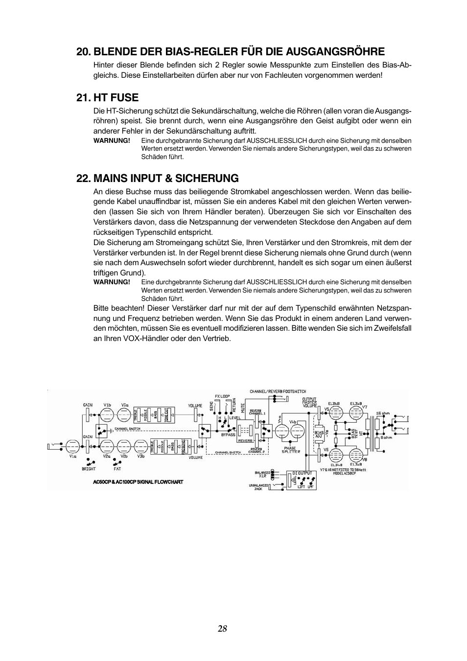 Blende der bias-regler für die ausgangsröhre, Ht fuse, Mains input & sicherung | Vox AC50CP2 User Manual | Page 28 / 39