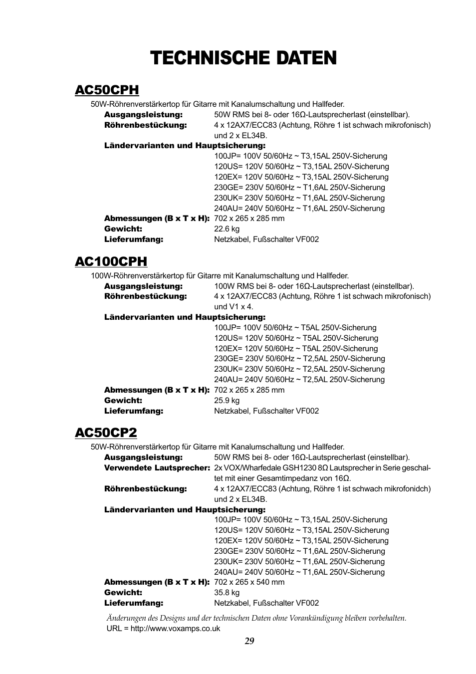 Technische daten, Ac50cph, Ac100cph | Ac50cp2 | Vox AC50CP2 User Manual | Page 29 / 39