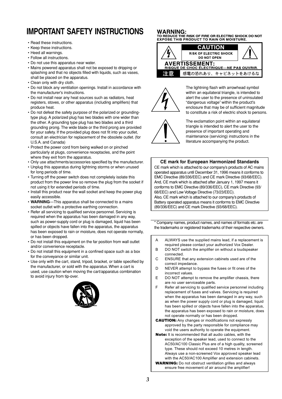 English, Important safety instructions | Vox AC50CP2 User Manual | Page 3 / 39