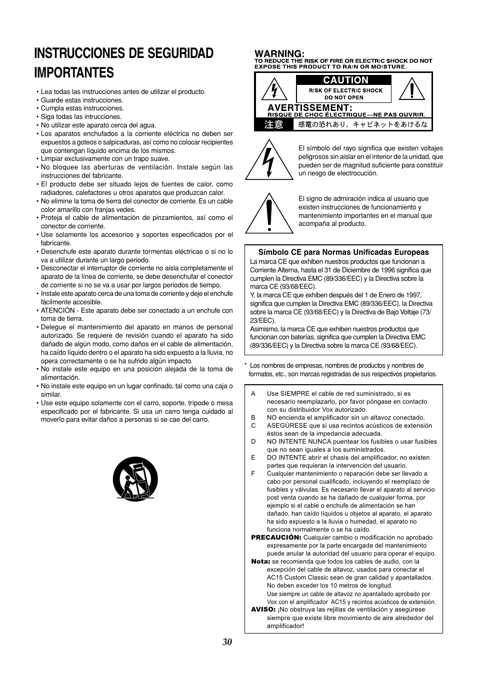 Españole, Instrucciones de seguridad importantes | Vox AC50CP2 User Manual | Page 30 / 39