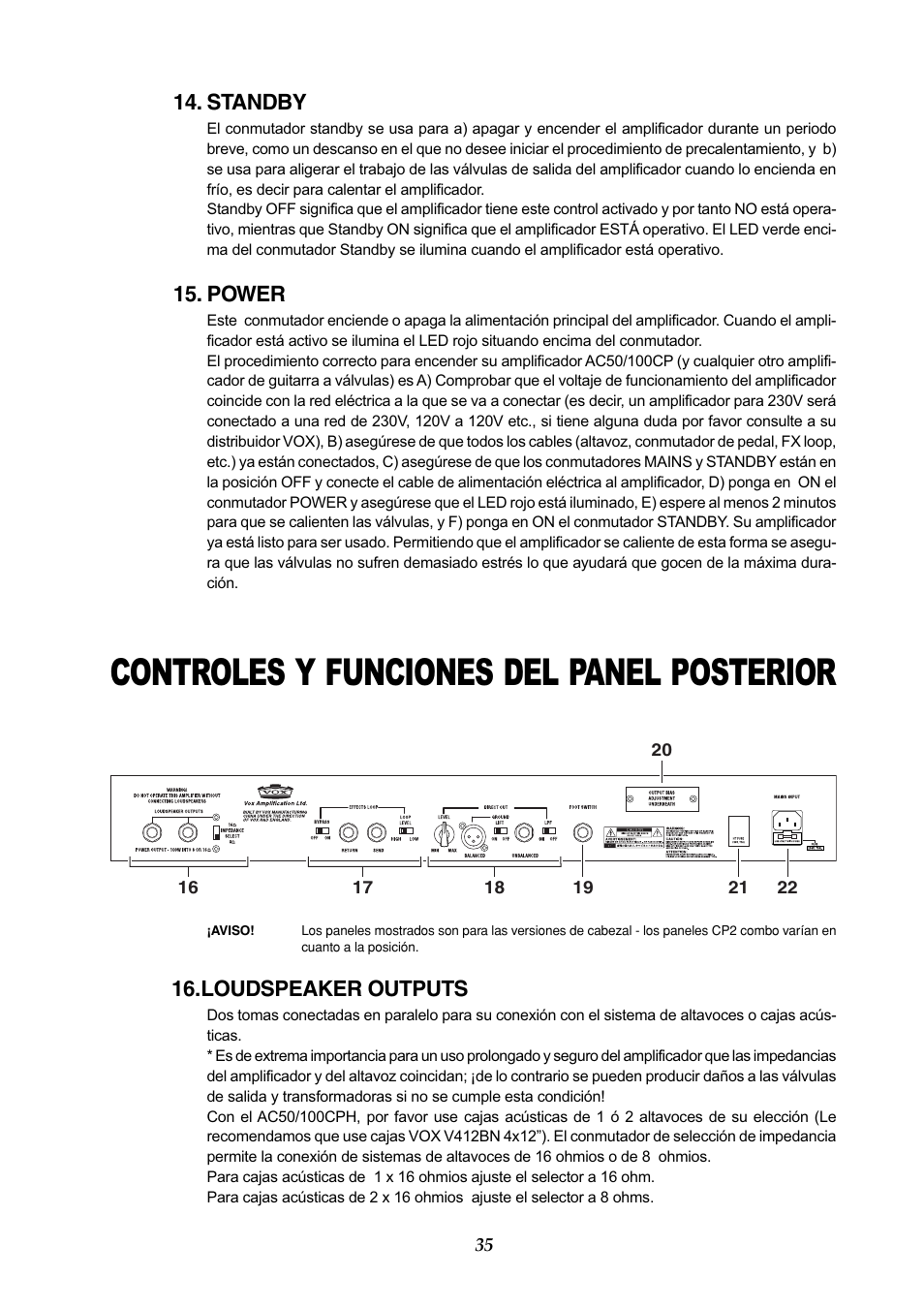 Controles y funciones del panel posterior | Vox AC50CP2 User Manual | Page 35 / 39