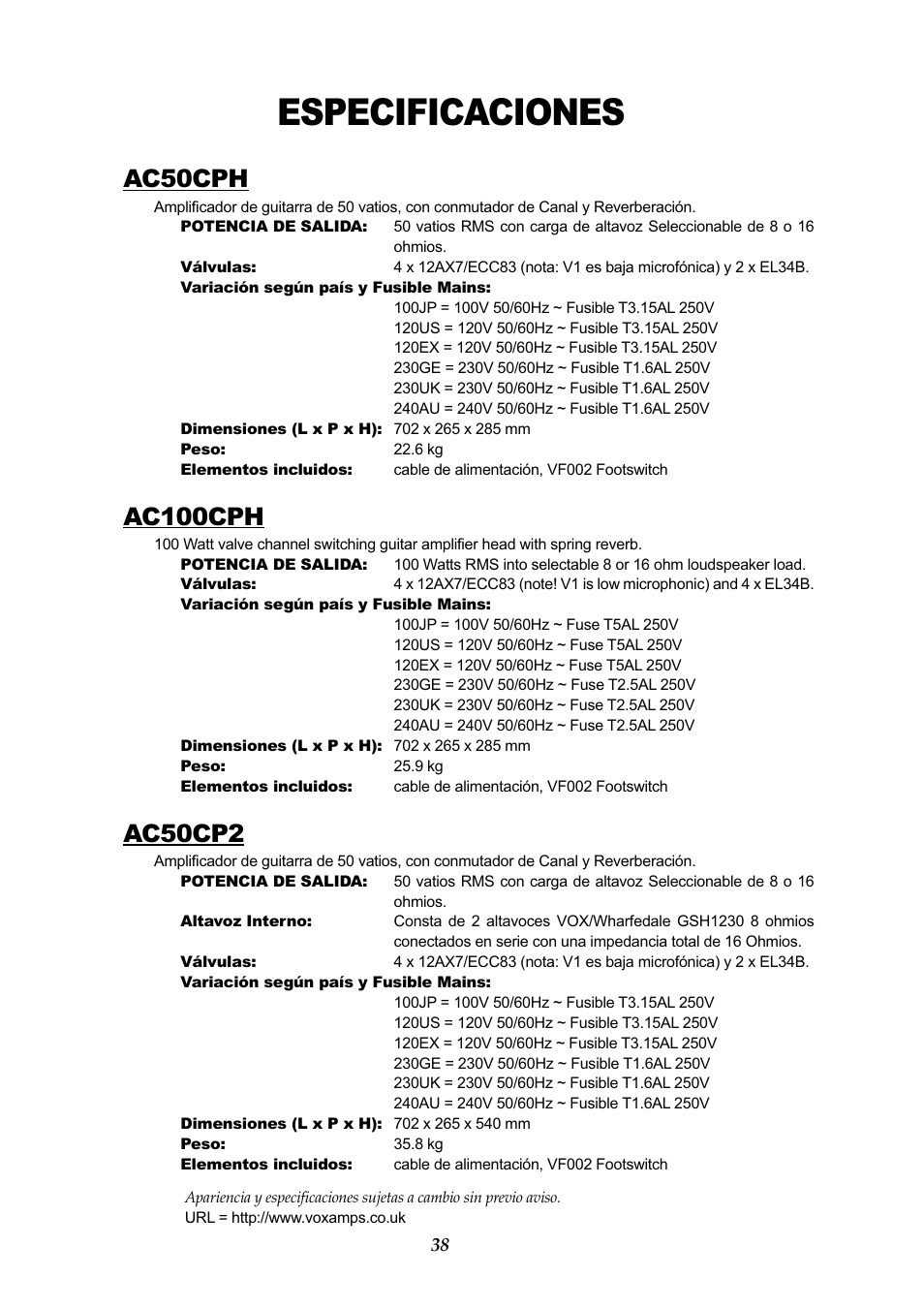 Especificaciones, Ac50cph, Ac100cph | Ac50cp2 | Vox AC50CP2 User Manual | Page 38 / 39