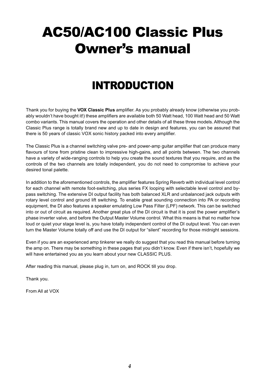 Introduction | Vox AC50CP2 User Manual | Page 4 / 39