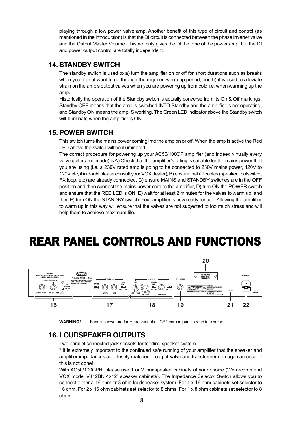 Rear panel controls and functions | Vox AC50CP2 User Manual | Page 8 / 39