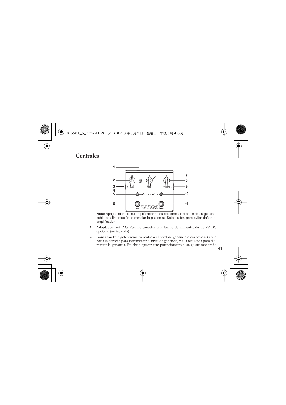 Controles | Vox Satchurator User Manual | Page 41 / 68