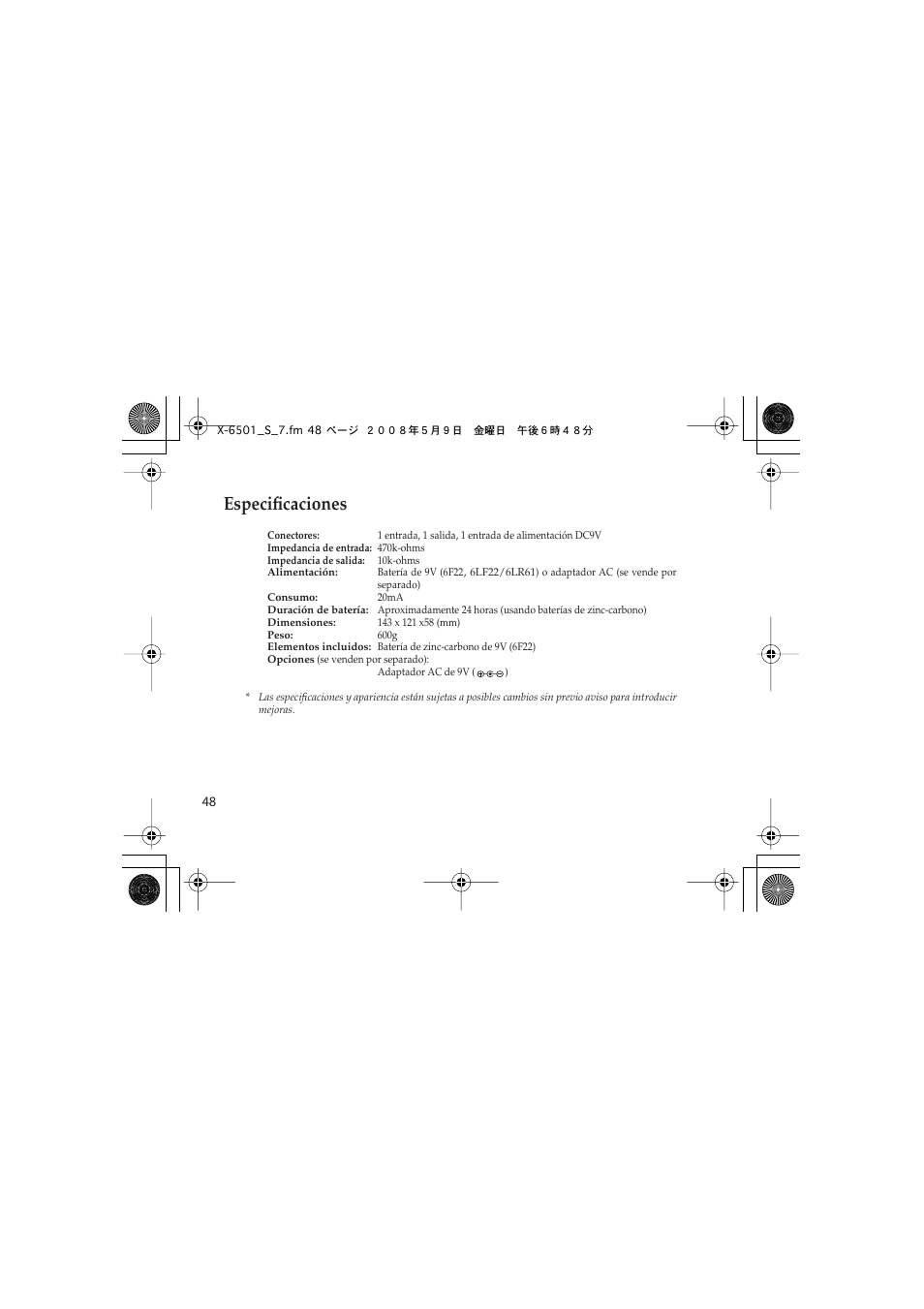 Especificaciones | Vox Satchurator User Manual | Page 48 / 68