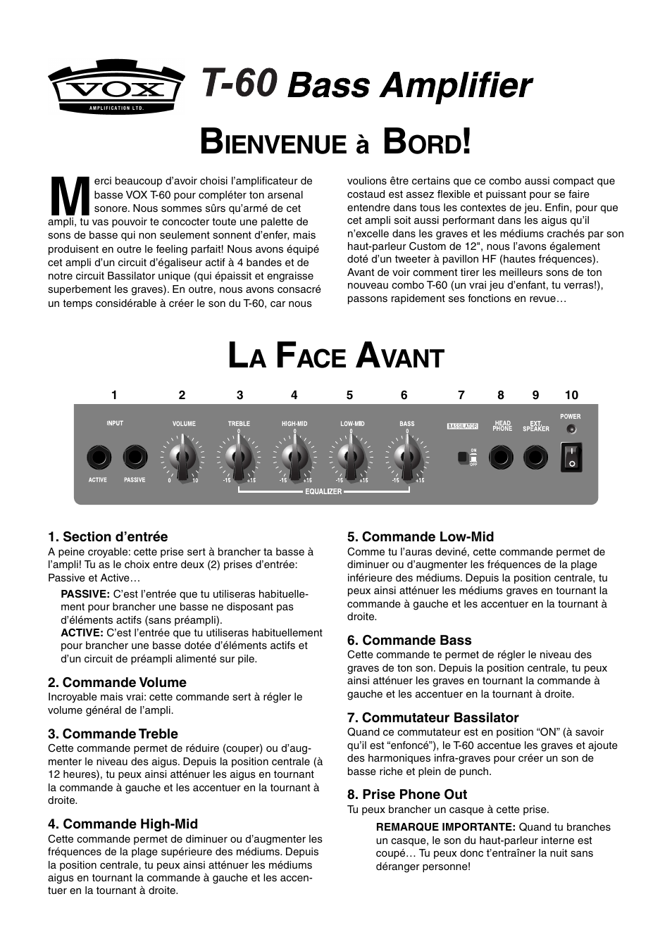 Français, Ienvenue, Vant | Vox T-60 User Manual | Page 4 / 9