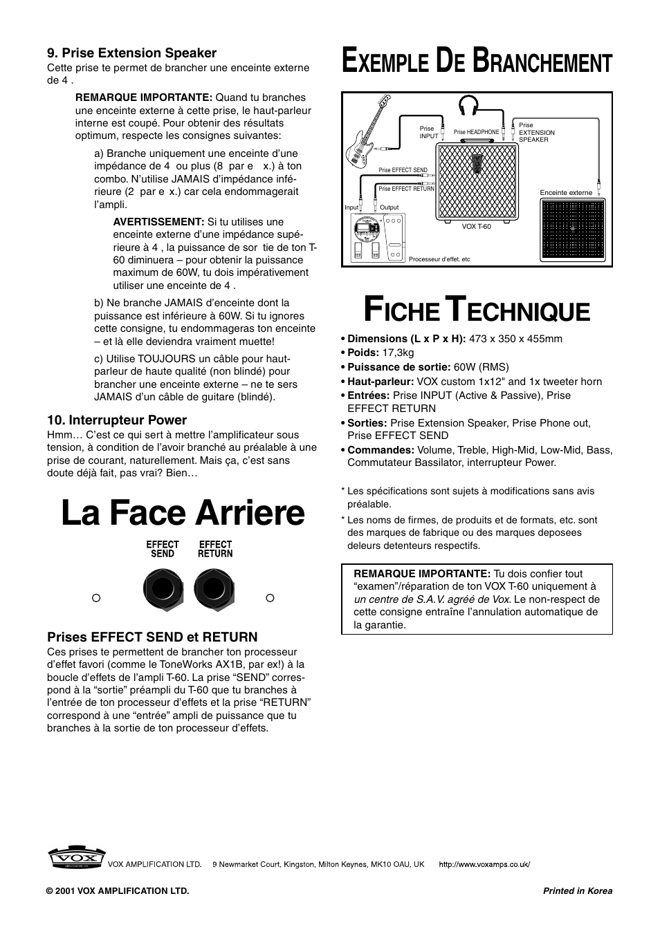 La face arriere, Xemple, Ranchement | Iche, Echnique | Vox T-60 User Manual | Page 5 / 9