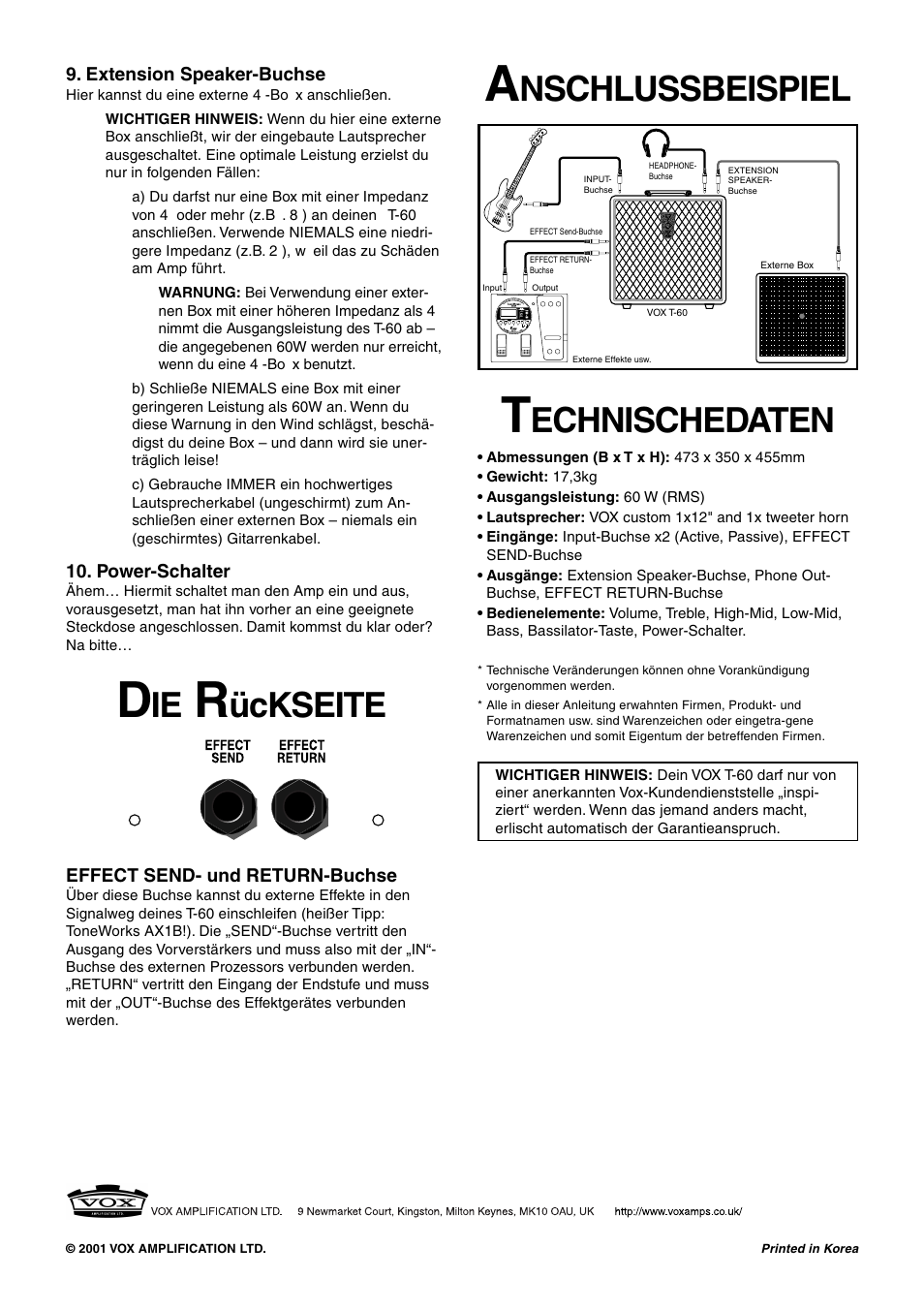Ückseite, Nschlussbeispiel, Echnischedaten | Vox T-60 User Manual | Page 8 / 9