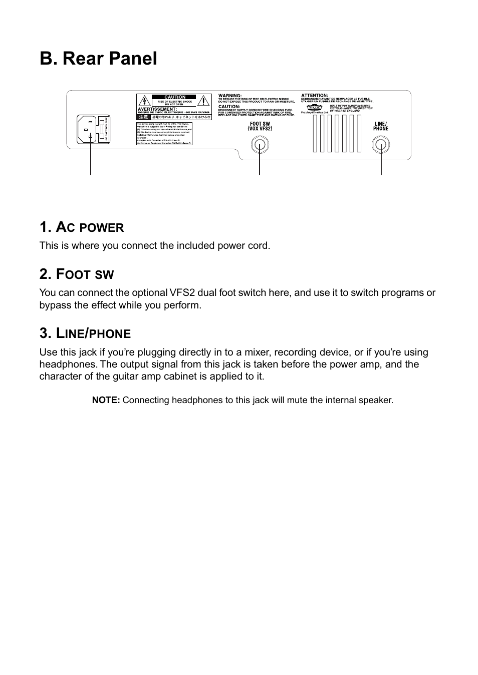 B. rear panel | Vox DA15 User Manual | Page 10 / 28