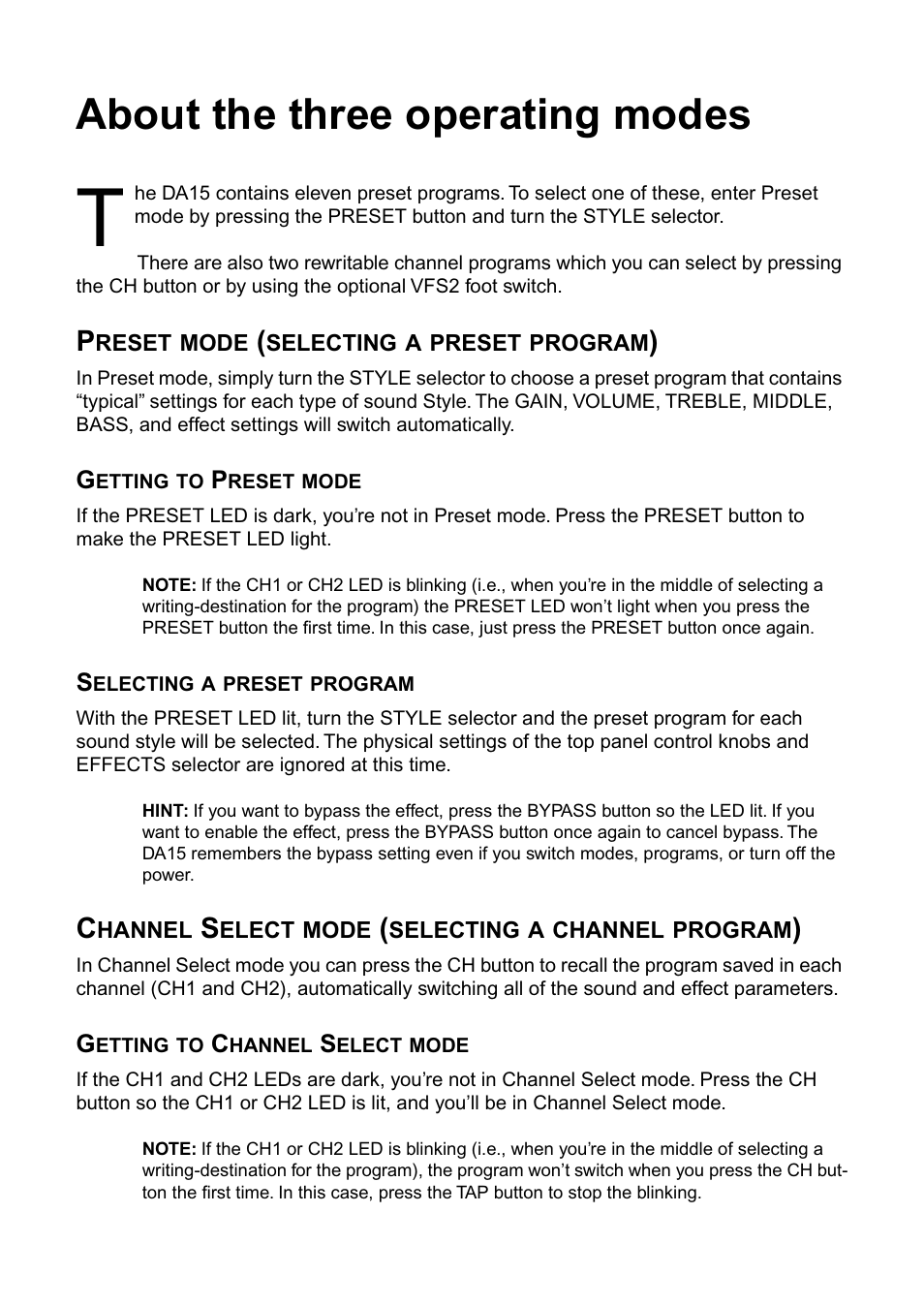 About the three operating modes, Preset mode (selecting a preset program), Channel select mode (selecting a channel program) | Vox DA15 User Manual | Page 11 / 28