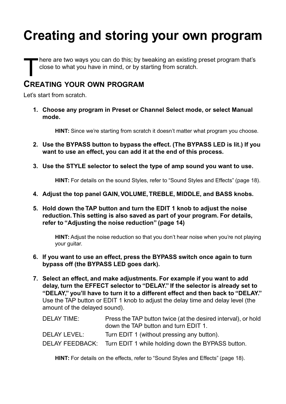 Creating and storing your own program, Creating your own program | Vox DA15 User Manual | Page 13 / 28