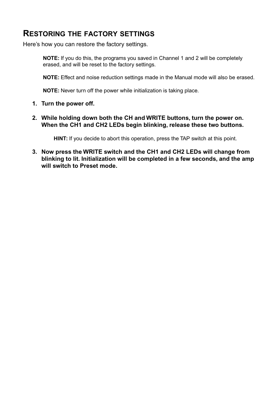 Restoring the factory settings | Vox DA15 User Manual | Page 16 / 28