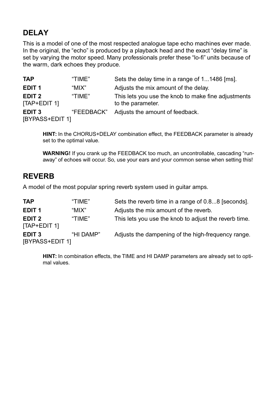 Delay, Reverb | Vox DA15 User Manual | Page 23 / 28