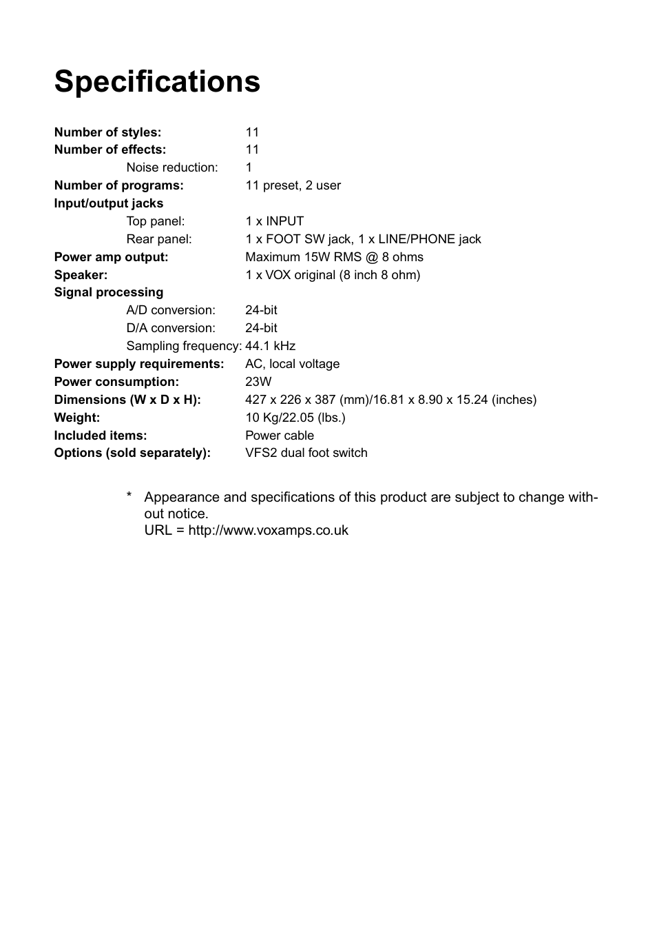 Specifications | Vox DA15 User Manual | Page 26 / 28