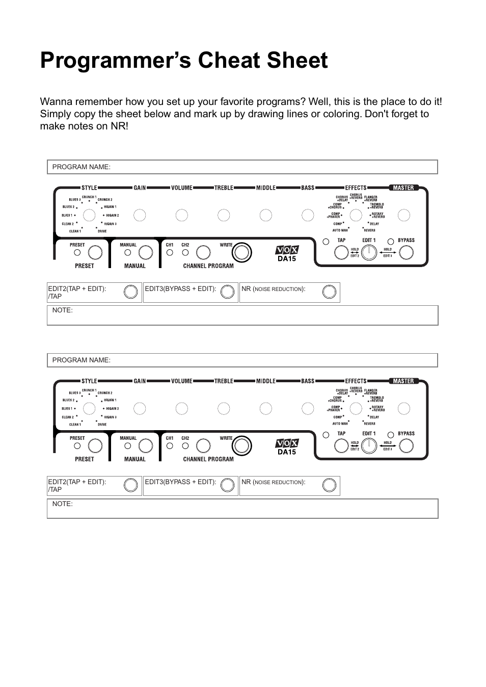 Programmer’s cheat sheet | Vox DA15 User Manual | Page 27 / 28