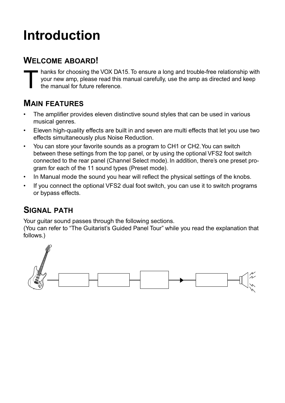 Introduction, Welcome aboard, Main features | Signal path, Welcome aboard! main features signal path | Vox DA15 User Manual | Page 4 / 28