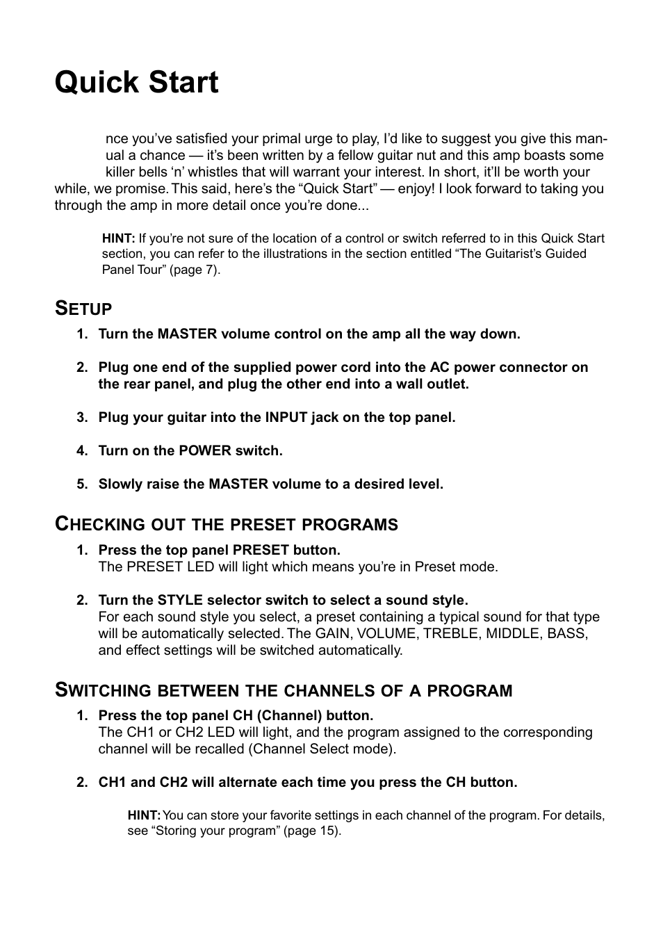 Quick start, Setup, Checking out the preset programs | Switching between the channels of a program | Vox DA15 User Manual | Page 5 / 28