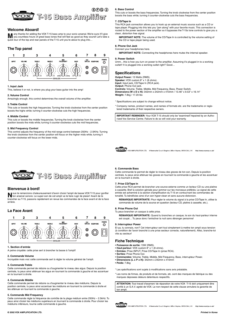Vox T-15 User Manual | 4 pages