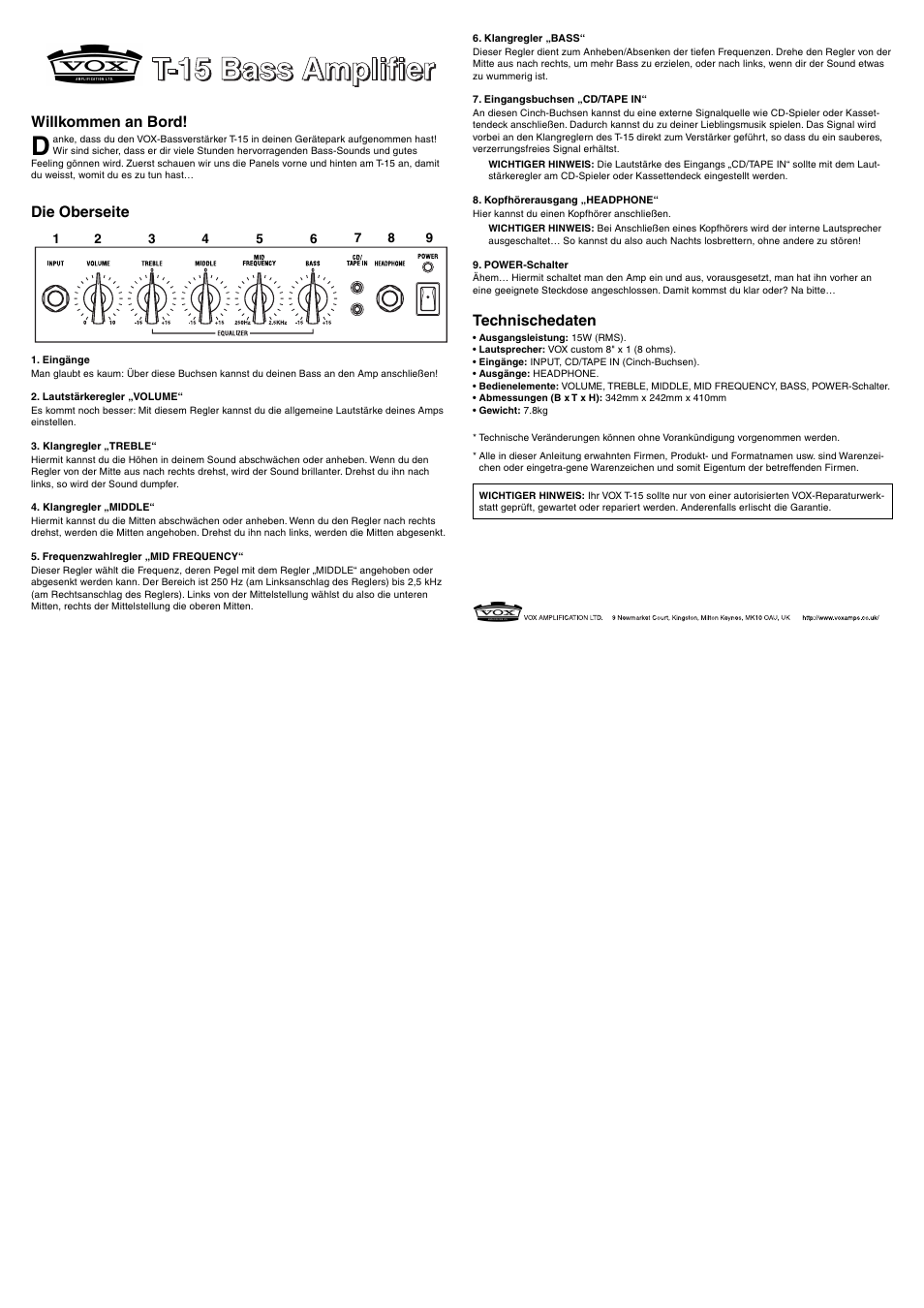 Deutsch | Vox T-15 User Manual | Page 2 / 4
