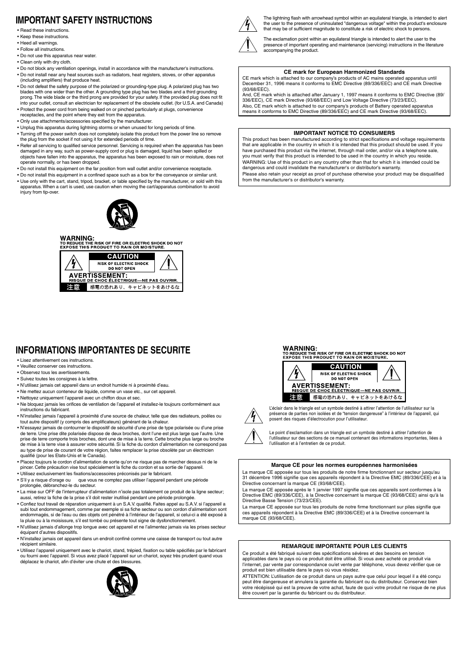 Important safety instructions, Informations importantes de securite | Vox T-15 User Manual | Page 4 / 4