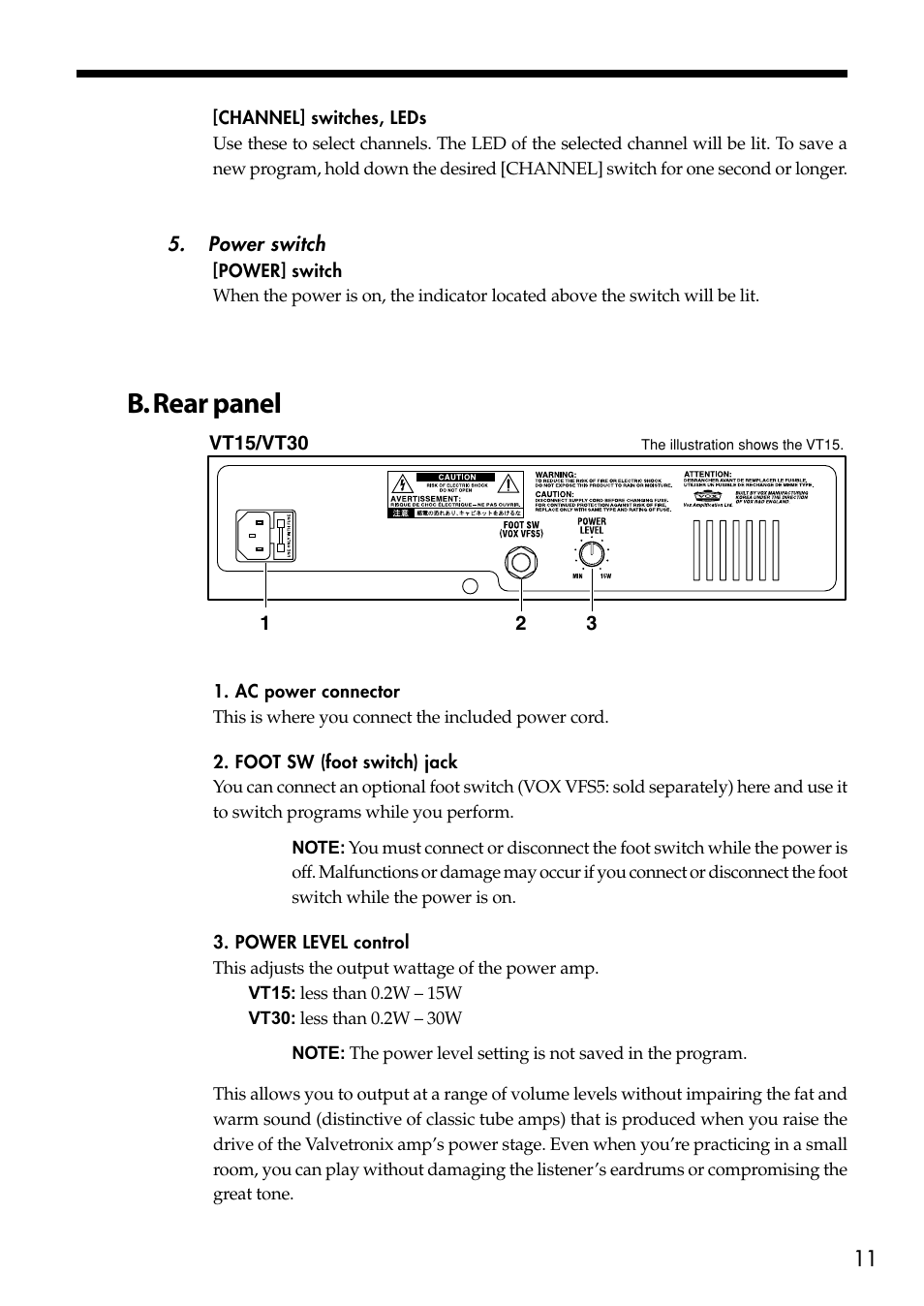 B. rear panel | Vox Valvetronix Amp VT15 User Manual | Page 11 / 28