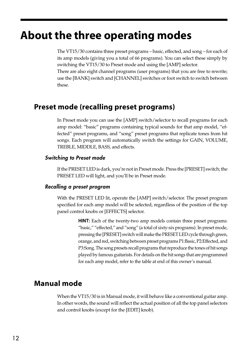 About the three operating modes, Preset mode (recalling preset programs), Manual mode | Vox Valvetronix Amp VT15 User Manual | Page 12 / 28